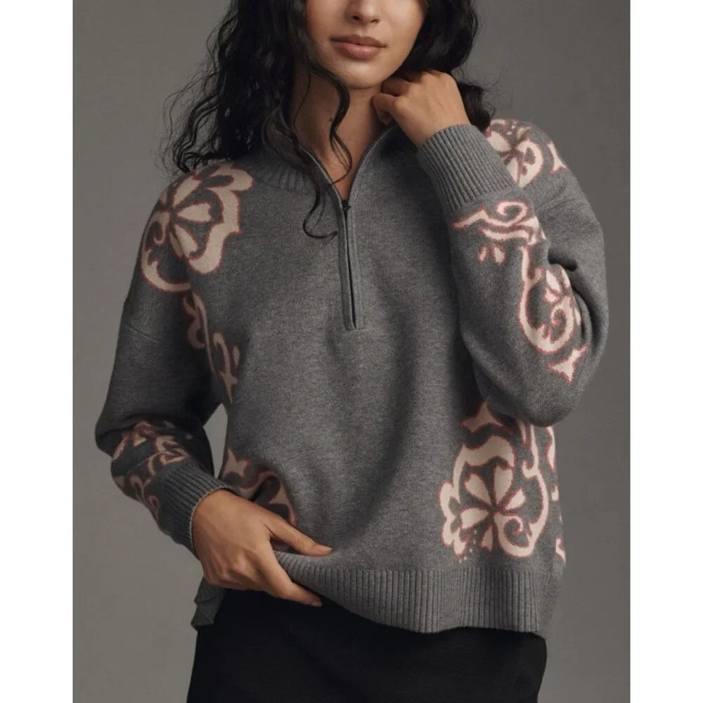 Anthropologie Montana Mock Neck Sweater Maeve Half Zip Up Grey Pink Womens XS - Picture 1 of 11